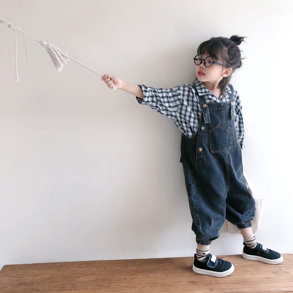 Bộ Áo Sơ Mi Denim + Quần Yếm Thời Trang Xuân Thu 2022 Phong Cách Hàn Quốc Cho Bé Gái