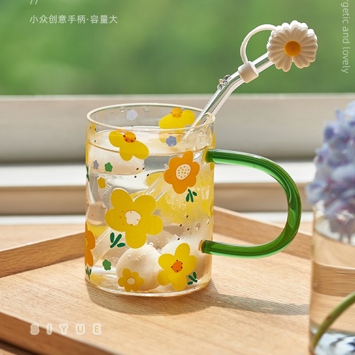 Bình nước thủy tinh dung tích lớn có tay cầm in họa tiết