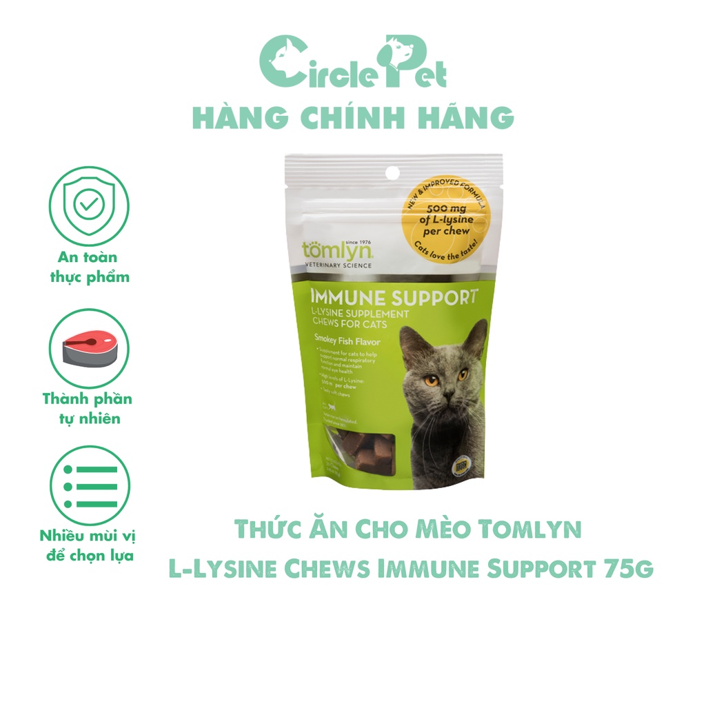 Thức Ăn Dinh Dưỡng Cho Mèo Tomlyn L-Lysine Chews Immune Support Thơm Ngon Giàu Dinh Dưỡng Gói 75g  -
