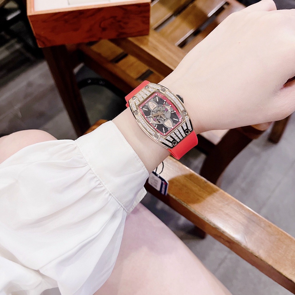Đồng Hồ Cặp Đôi Hanboro Nam Máy Automatic, Nữ Máy Pin , Dây Cao Su Màu Đỏ , Size 36mm/48mm fullbox