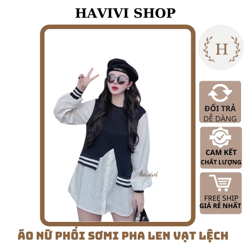 Áo Nữ Sơmi Pha Len Vạt Lệch Áo Sơmi Tay Bo Kèm Video Ảnh Thật HAVIVI
