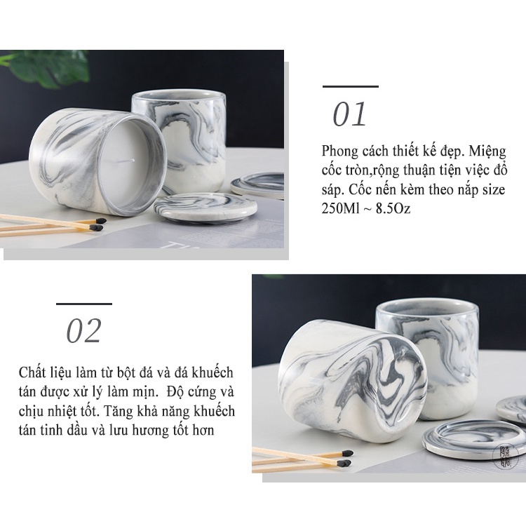 Cốc Đựng Nến Thơm Vân Đá Kèm Nắp Size 250Ml ~ 8.5Oz Nhận Đặt Màu Theo Yêu Cầu DIY