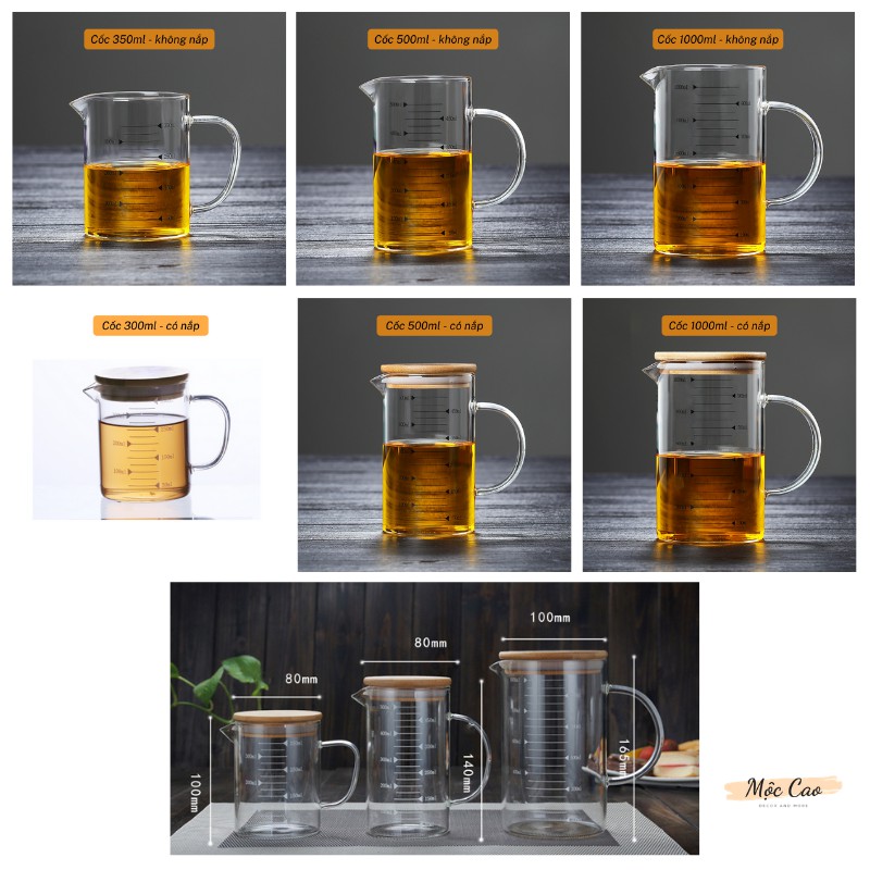 Cốc thủy tinh chia vạch, ly thủy tinh chia vạch kèm nắp gỗ chịu sốc nhiệt, tiện dụng trong gia đình | BigBuy360 - bigbuy360.vn