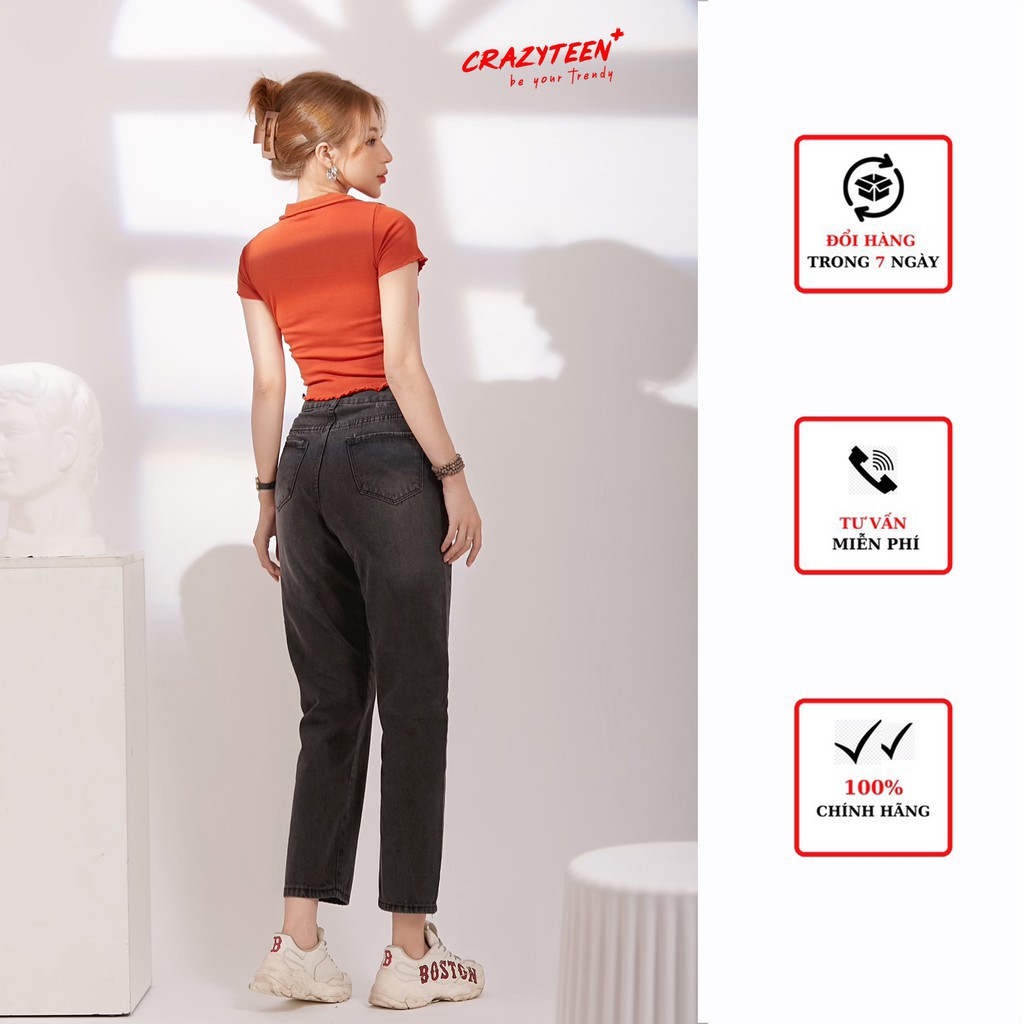 Quần jeans nữ CRAZYTEEN dáng baggy phối bản lưng K0104