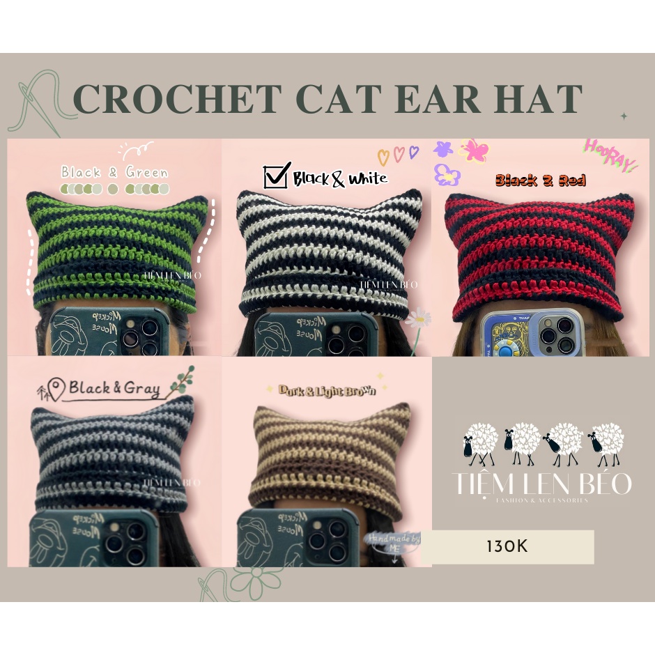 MŨ/NÓN TAY MÈO CHẤT LIỆU BẰNG LEN, PHỤ KIỆN THỜI TRANG HANDMADE, CAT EAR BEANIE (HAT)