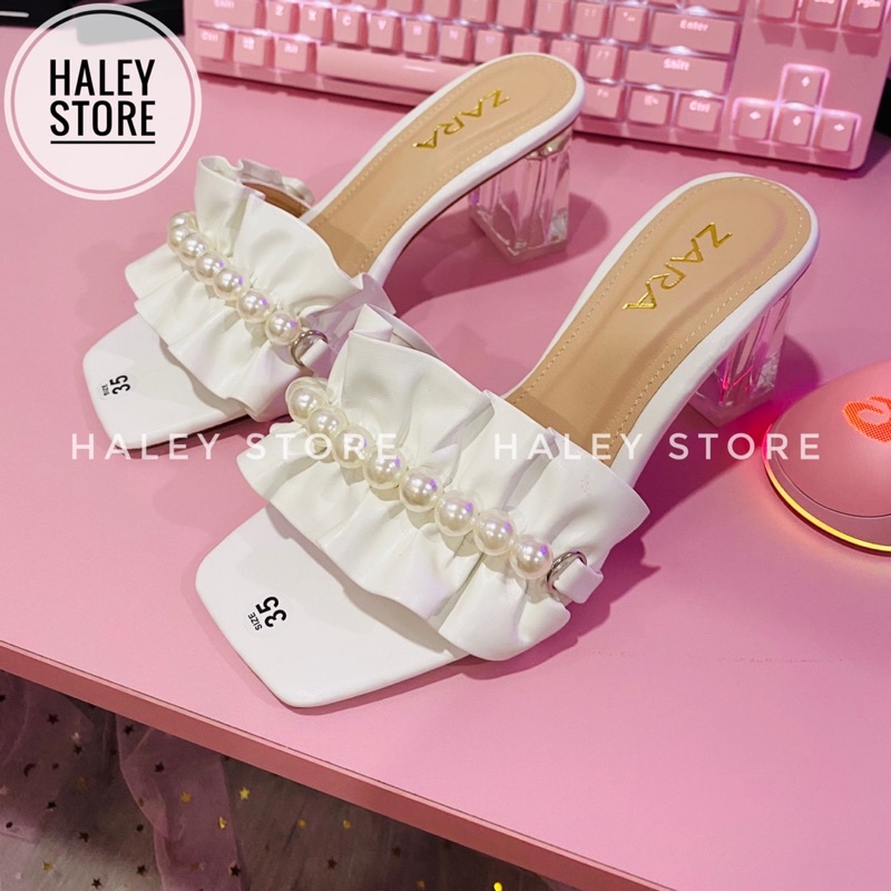 Guốc nữ 5p gót vuông trong suốt bèo nhún nhúm đính ngọc châu đi chơi đi tiệc đi du lịch HALEY STORE