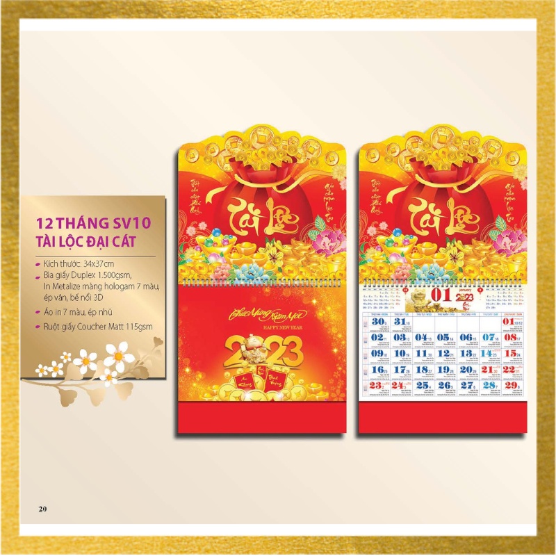 Lịch Treo Tường 2023 - Lịch Âm Dương 12 tờ 30x40cm mỗi tháng là 1 tờ, Lịch Tết 2023 QUÝ MÃO