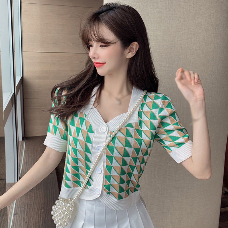 Áo Cardigan Dệt Kim Tay Ngắn Cổ Vuông Phối Nút Họa Tiết Sọc Caro Thời Trang Cho Nữ