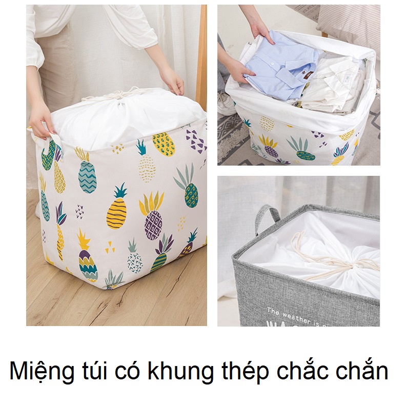 Túi đựng quần áo chăn màn cỡ lớn giỏ đựng đồ vải bố khung thép dây rút tiện lợi