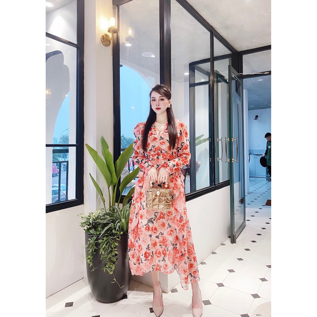Váy Đầm Liền Midi Hoa Dáng Dài Eo Chun Vải Voan 2 Lớp - Đầm Hoa Cổ Chữ V