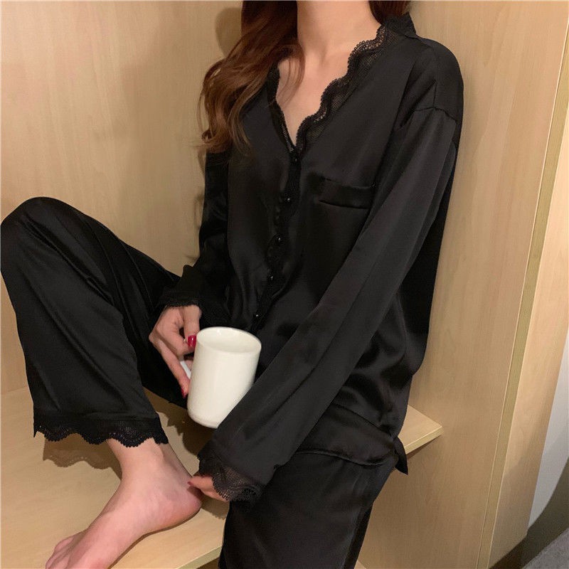 Bộ Đồ Ngủ Pijama Dài Tay Vải Lụa Phối Ren Gợi Cảm Cho Nữ | BigBuy360 - bigbuy360.vn