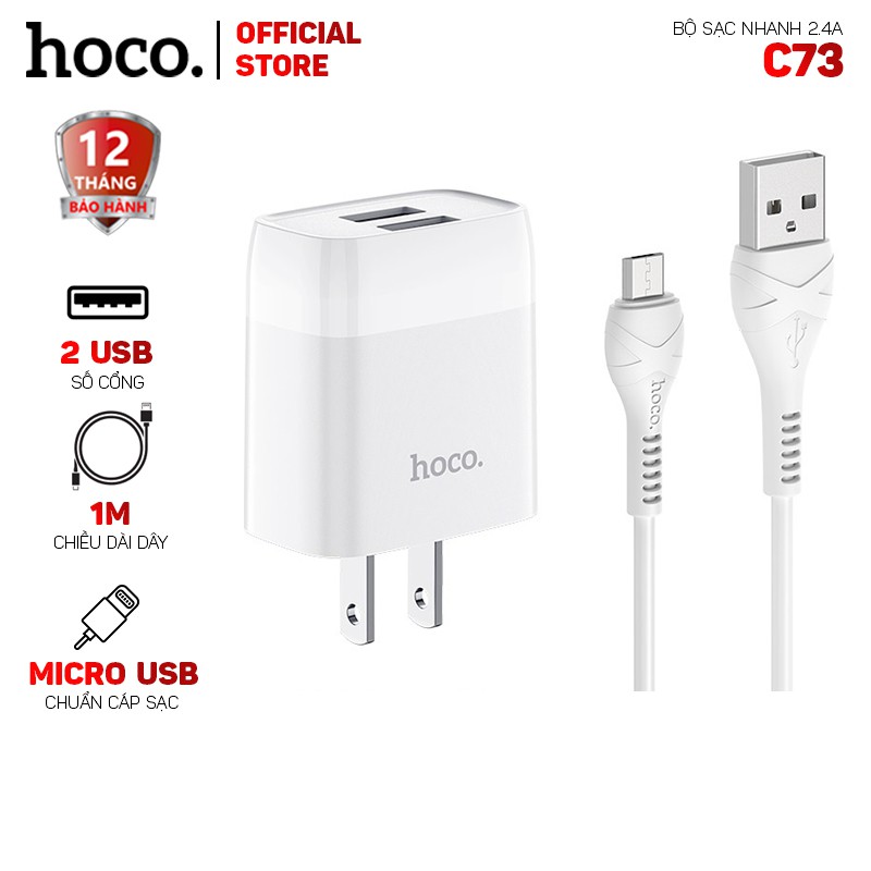 [Mã 2404EL10K giảm 10K đơn 20K] Bộ sạc nhanh Hoco C73 2 cổng USB cáp Micro Usb 1.0m