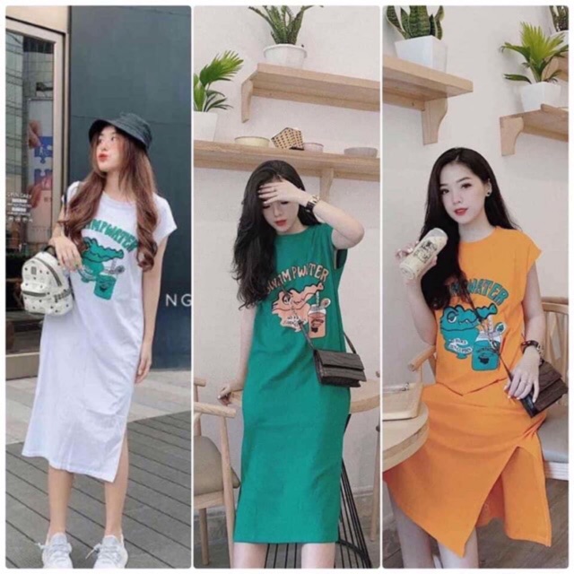 ĐẦM XUÔNG CÁ SẤU TAY HẾN chất cotton mát cổ tròn 4 màu