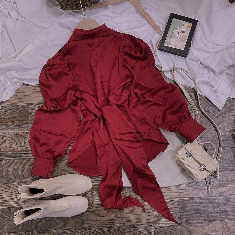 Áo sơmi phi lụa nút bọc NHIỀU MÀU cách điệu phối nơ lưng hot lắm ạ PC