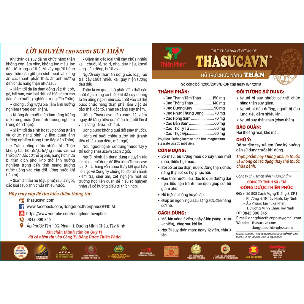 THASUCAVN (Hộp 150 viên) – BỔ THẬN VÀ PHỤC HỒI CHỨC NĂNG THẬN - Sản Phẩm Của Công Ty TNHH SX TM Đông Dược Thiên Phúc | BigBuy360 - bigbuy360.vn