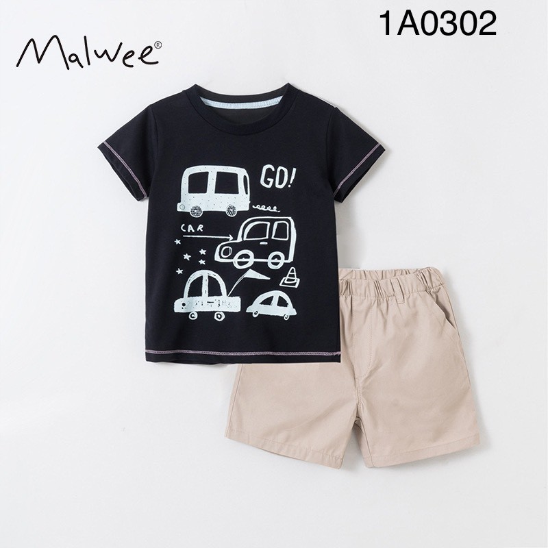 Set đi học áo thun quần kaki hình ô tô hãng Malwee cho bé trai
