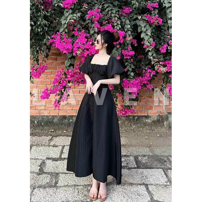 TTO Đầm maxi tay phồng nút bọc nhúm ngực xẻ tà đỏ đen xanh mint đi biển váy midi cổ vuông đũi cao cấp