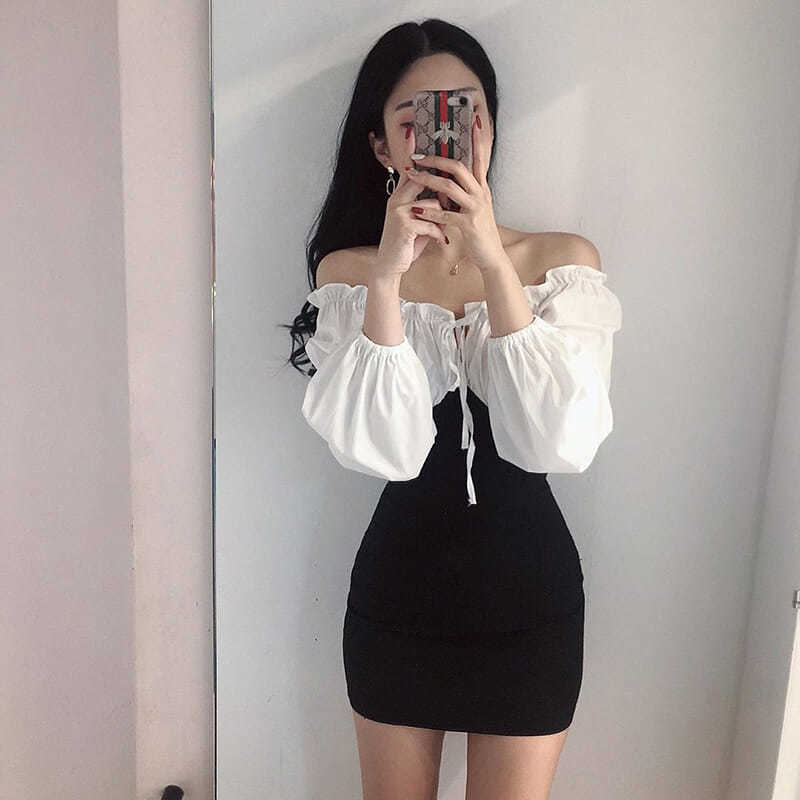 Đầm Trễ Vai Phối Màu Đen Trắng Thời Trang Cho Nữ | BigBuy360 - bigbuy360.vn