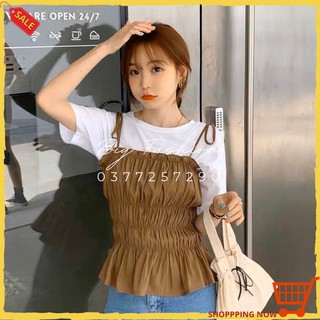 Áo Thun Kiểu Peplum Nâu Hai Dây Nhún Thun Vải Đũi Cao Cấp Kèm Áo Thun Trắng Dễ Thương Dễ Phối Đồ Đi Chơi Big Fashion