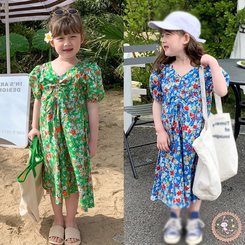 Đầm Công Chúa Tay Ngắn Phồng Cổ Chữ V In Họa Tiết Hoa Phong Cách Hàn Quốc Dành Cho Bé Gái