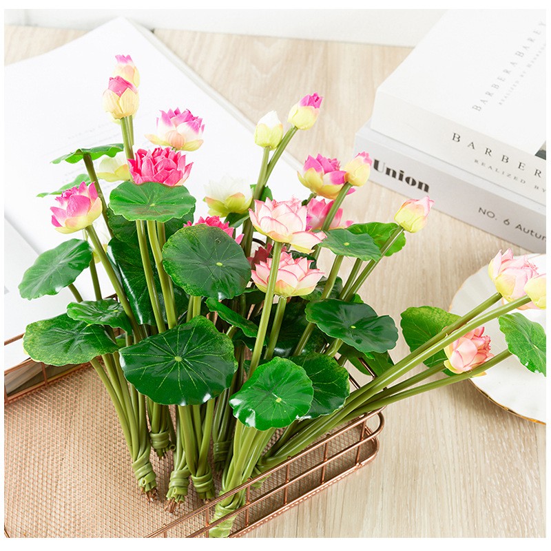 Cụm hoa sen cao cấp 2 bông 1 nụ 27cm kèm lá tuyệt đẹp trang trí phòng khách - Hoa giả lụa