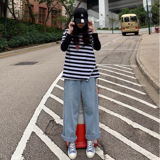 quần bò nữ straight-leg mopping daddy pants Korean loose drape high-waisted wide-leg pants