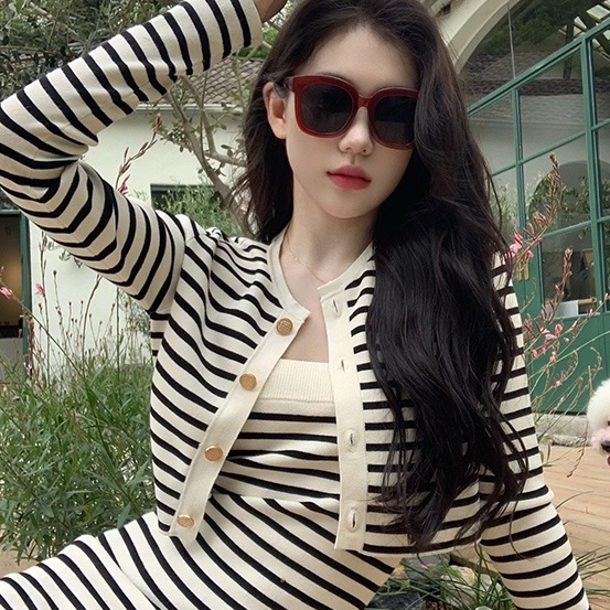 Set áo cardigan dệt kim tay dài và đầm hai dây ôm dáng ZHELIHANGFEI họa tiết kẻ sọc thời trang quyến rũ cho nữ