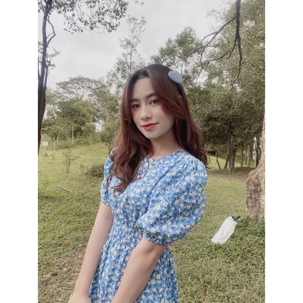 Váy Hoa Nhí Xanh Chun Eo Tay Bồng