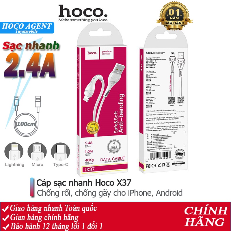 Cáp sạc nhanh Hoco X37 chống rối full dòng iPhone / Android/ iPad dây truyền tải dự liệu dài 1m - Chính hãng