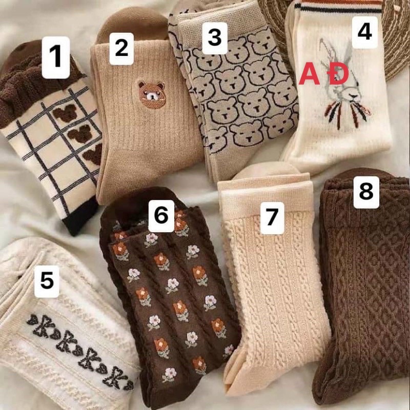 Sét 8 đôi tất nữ VINTAGE 🍁FREESHIP🍁Tất nữ cổ cao vớ nữ cổ cao vải cotton co dãn tốt thêu họa tiết