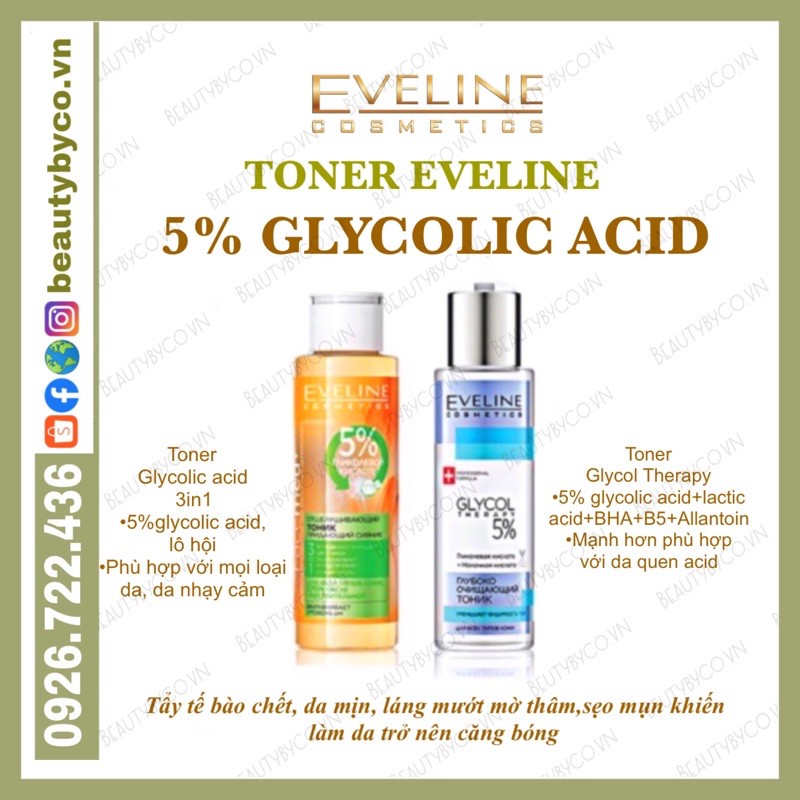 ( SẴN )Toner Eveline 5% Glycolic acid - Glycol Therapy làm căng bóng da, mờ thâm mụn