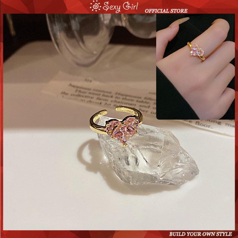 Nhẫn Thép Titan Màu Hồng Đính Đá Zircon Hình Trái Tim Thời Trang Cho Nữ