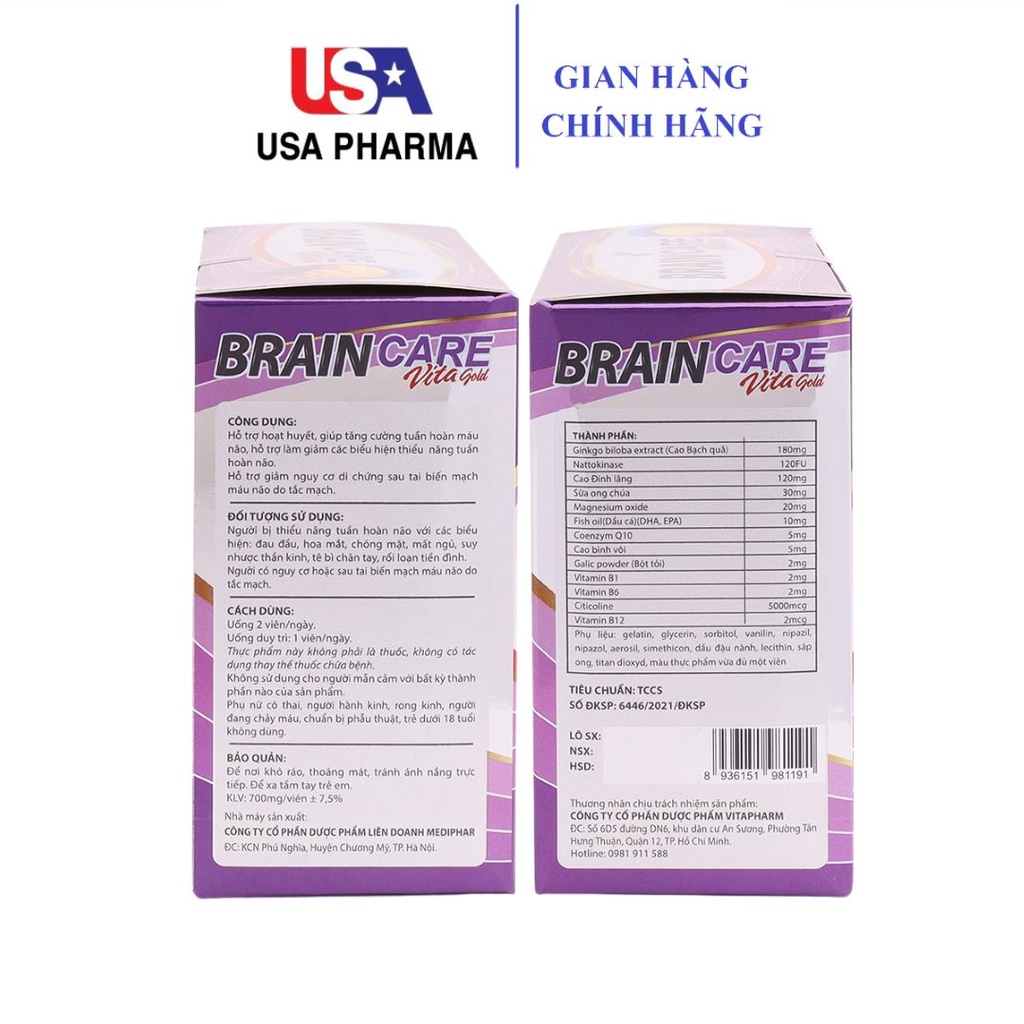Hoạt huyết dưỡng não BRAIN CARE Ginkgo Biloba, nattokinase - 100 viên [BRAIN CARE VITA GOLD Tím]