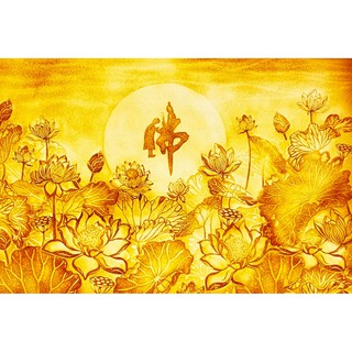 Tranh dán tường phòng thờ in hình trúc chỉ chữ phật - vải lụa kim tuyến - kích thước theo yêu cầu