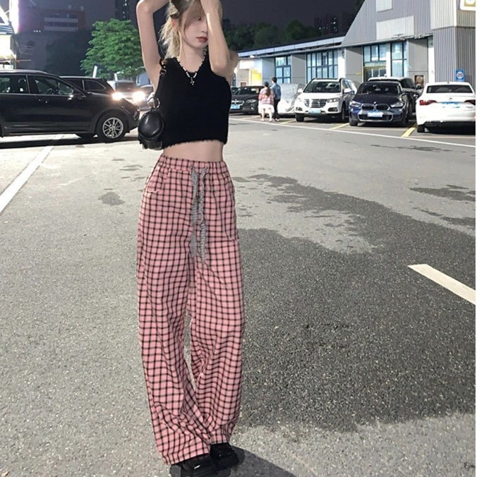 Quần dài SUXI lưng cao ống rộng họa tiết sọc caro thời trang mùa hè cho nữ