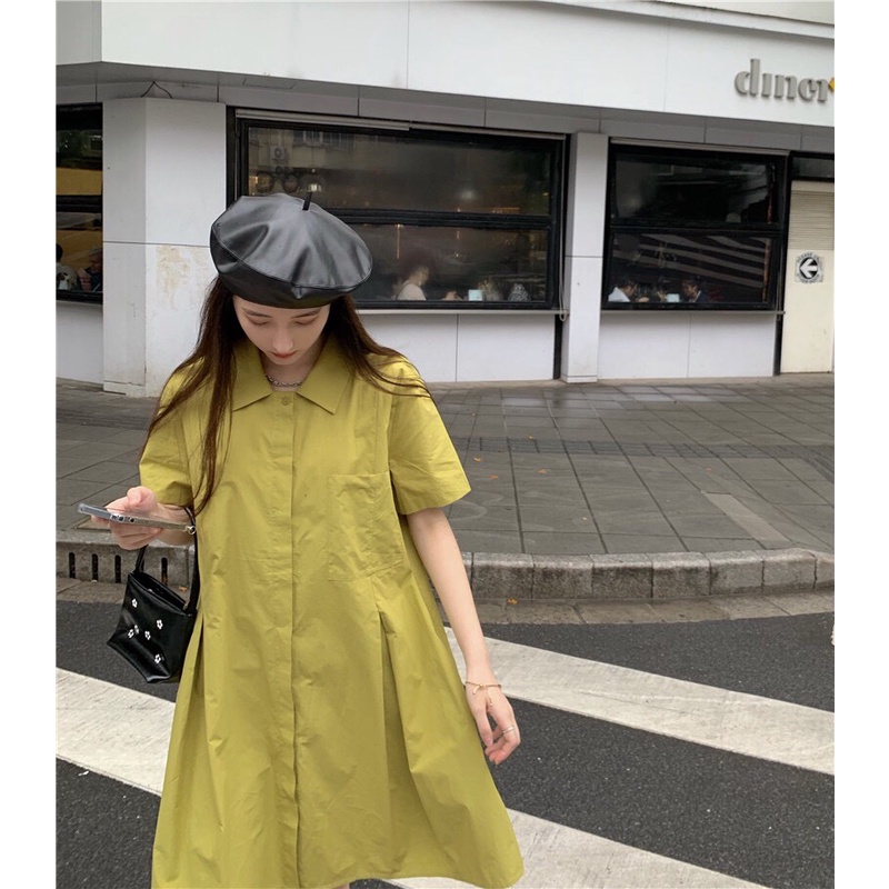 Đầm polo cổ sơ mi có túi ngực xếp ly eo cộc tay ulzzang T18 V16