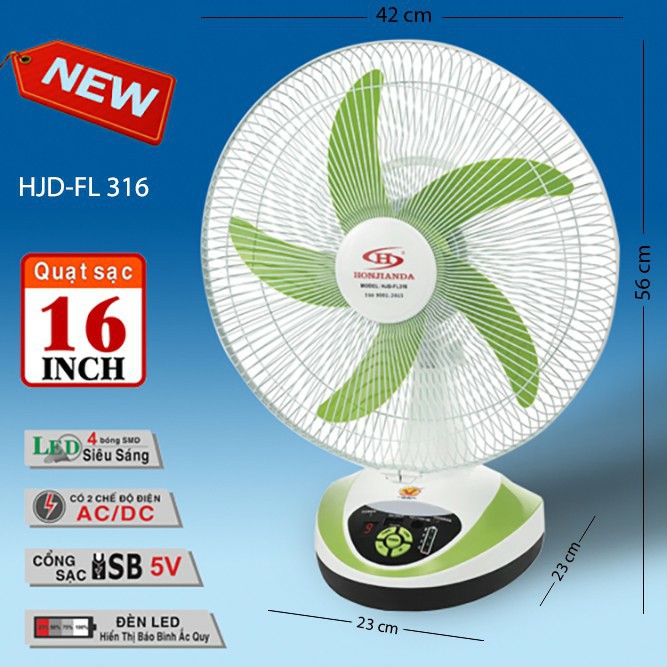 Quạt sạc tích điện để bàn AC&amp;DC 16 inch Honjianda FL316 Có đèn LED hỗ trợ cúp điện