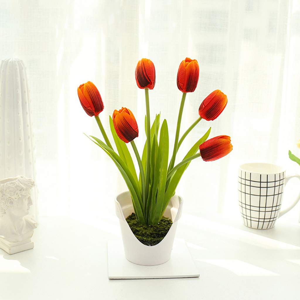 Chậu Hoa Tulip Nhân Tạo 6 Bông Trang Trí Nhà Cửa