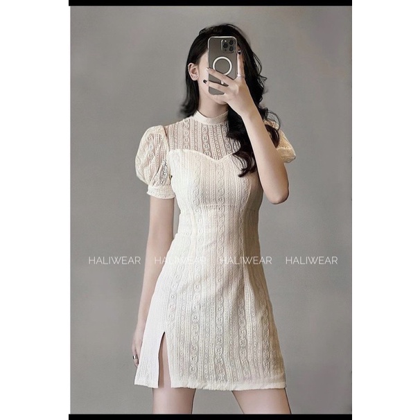 🍀 VÁY ôm phối REN cổ trụ HAI LỚP TAY BỒNG xẻ đùi sexy sang chảnh tiểu thư dự tiệc đám cưới cồng sở đi làm