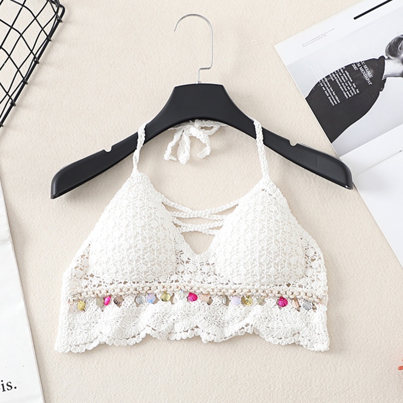 Brroa Áo Ngực Bikini Đan Móc Hoa Hồng Vỏ Sò Đính Kim Sa Tua Rua Đi Biển Cho Nữ