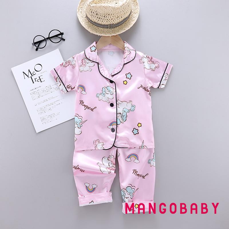 Bộ Đồ Ngủ Áo Sơ Mi Tay Ngắn Cổ Bẻ In Họa Tiết Động Vật Hoạt Hình + Quần Dài Lưng Thun Co Giãn Cho Bé