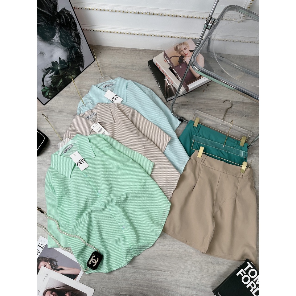 Set sơ mi đũi xốp xanh mix quần short đùi TH476