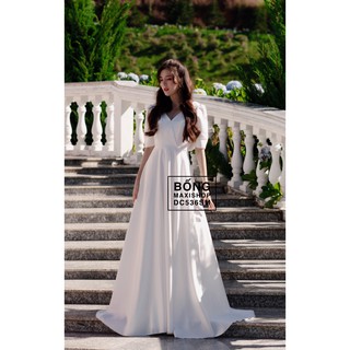 BỐNG MAXISHOP - DC536 - Váy Cưới Phi Nhật Cổ V Tay Lỡ Nơ Đôi Trắng/Đỏ