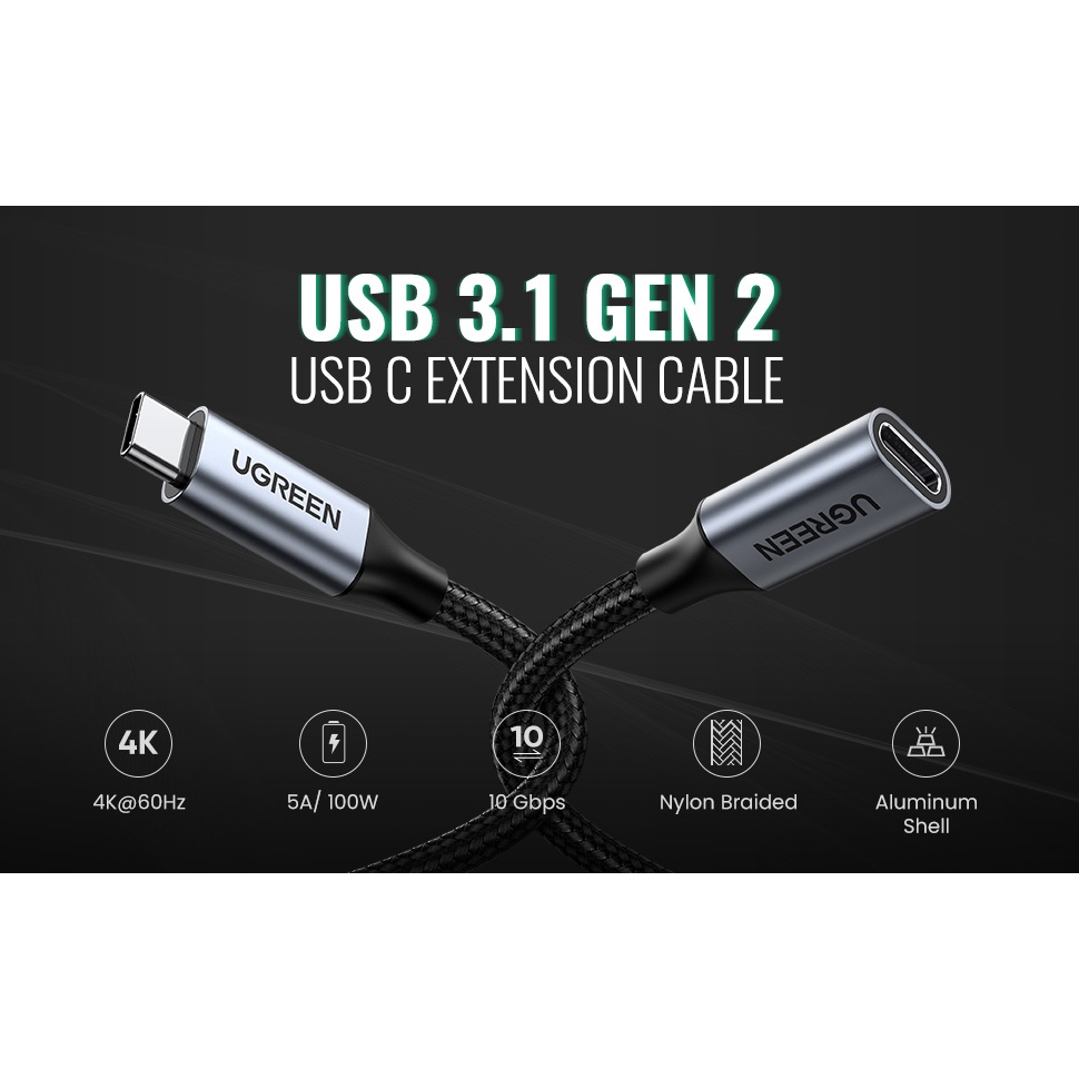 Cáp USB Type C 3.1 nối dài Gen 2 Cao Cấp Ugreen 80810 30205 Chính Hãng US372 (Thundorbolt 3 PD 5A/100W)