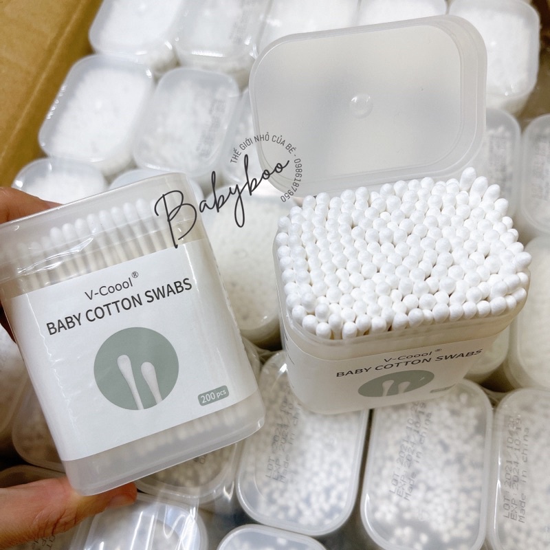 Tăm bông cho bé sơ sinh VCoool, hộp 200 que, bông tự nhiên kháng khuẩn an toàn cho trẻ, sử dụng tiện lợi Babyboo