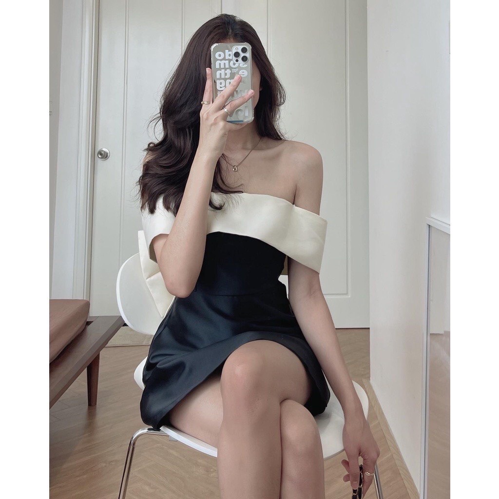 Váy nữ dự tiêc, trễ vai đính nơ sau màu đen chất tafta dáng xòe chữ A - đầm tiểu thư sang chảnh đi chơi xinh hở vai AMEE