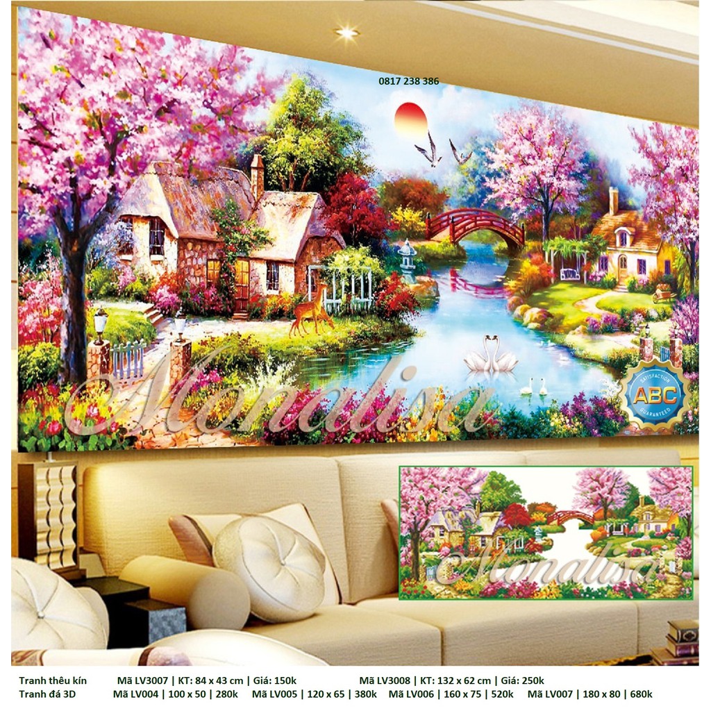 Tranh thêu chữ thập Phong Cảnh Mùa Xuân Ấm Áp LV3007 (84 x 43 cm)  LV3008 (132 x 62 cm) - tự thêu - thêu kín