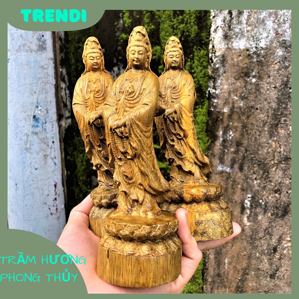 Tượng Phật Quan Âm Đứng Gỗ Trầm Hương Dó Bầu Đục Tứ Diện 6x16cm Bản mệnh phong thủy để bàn - taplo ô tô
