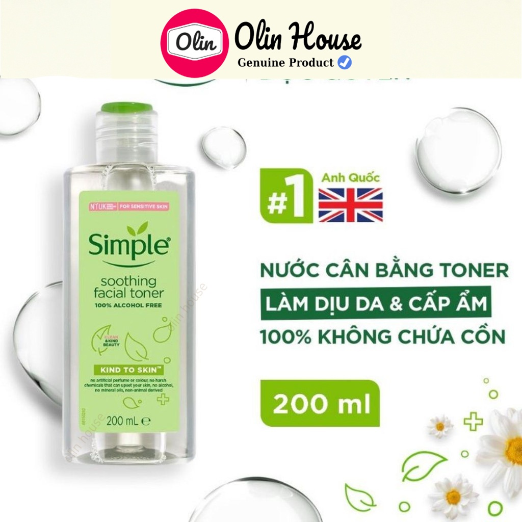 Nước hoa hồng Simple Moothing Facial Toner Simple cân bằng độ ẩm cho da 200ml - Olin House