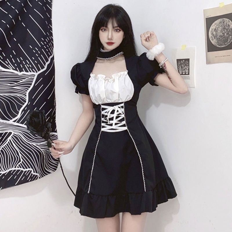 Brroa Đầm Tay Phồng Ngắn Cổ Vuông Eo Cao Dáng Chữ A Phối Dây Cột Phong Cách Lolita Xinh Xắn Cho Nữ